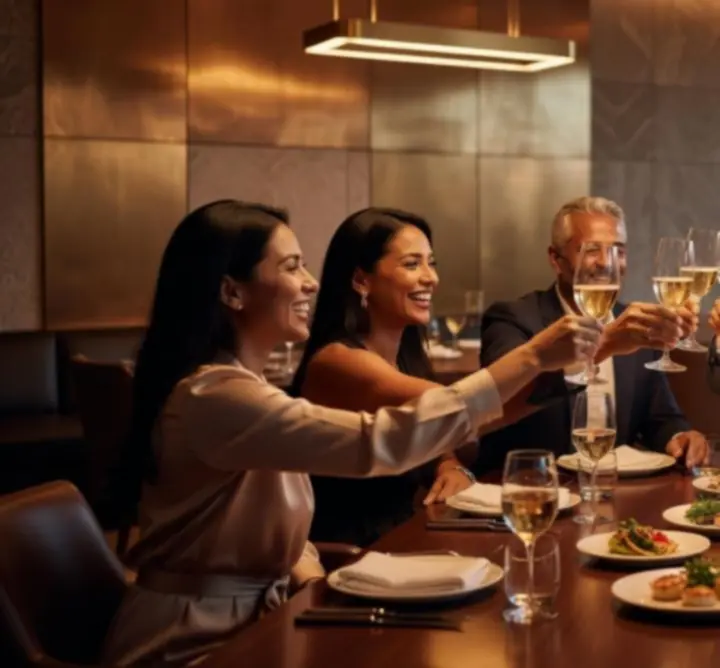 Cuplu zâmbind la o masă elegantă, la un eveniment gastronomic cu poker la Association des copropriétaires 